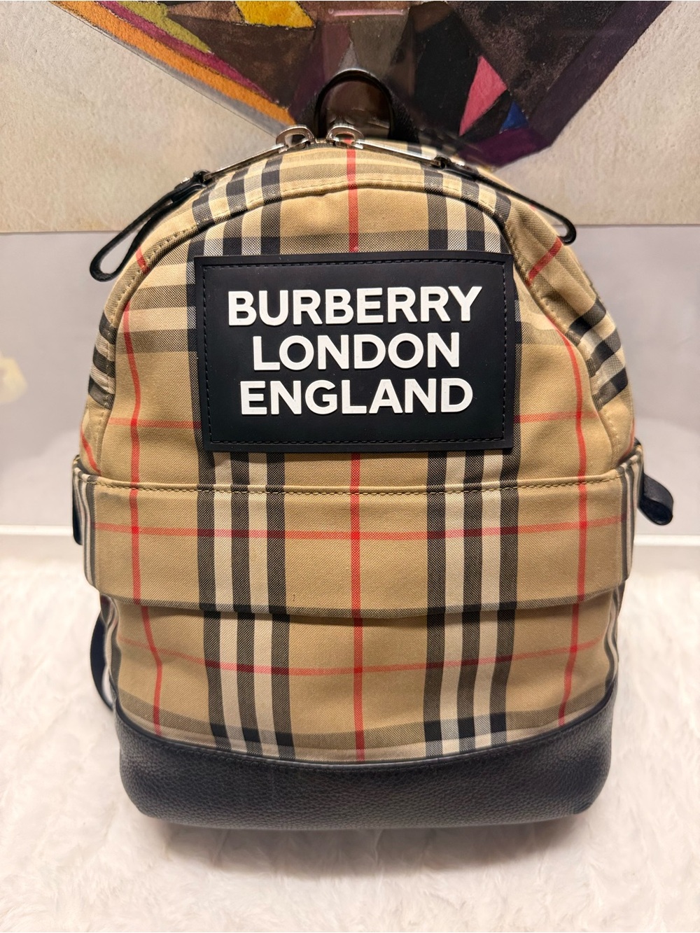 Burberry Beige Plaid Backpack with Black Trim